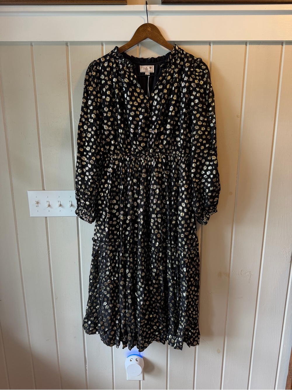 Smocked Waist Black Midi Dress with Gold Dot Print, Long Sleeve, Size S